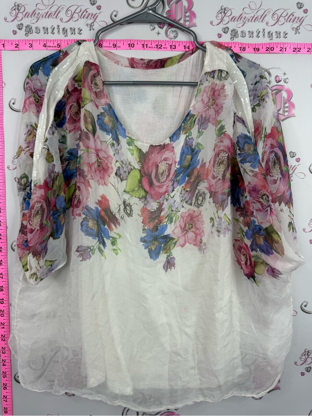 Silk top Italy sequins floral Scoop Neck Blouse - White Pink & Blue Flowers